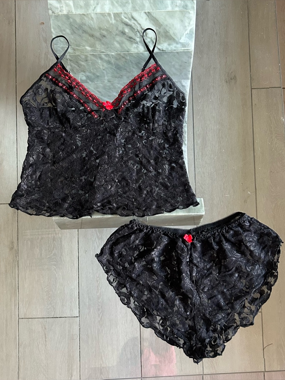Vintage Black Lace Cami & Shorts Lingerie Set with Red Accents